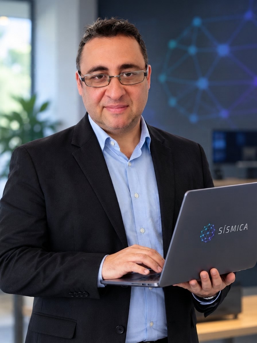 Retrato de Eduardo de Menezes Junior segurando um notebook com o logo da Sísmica